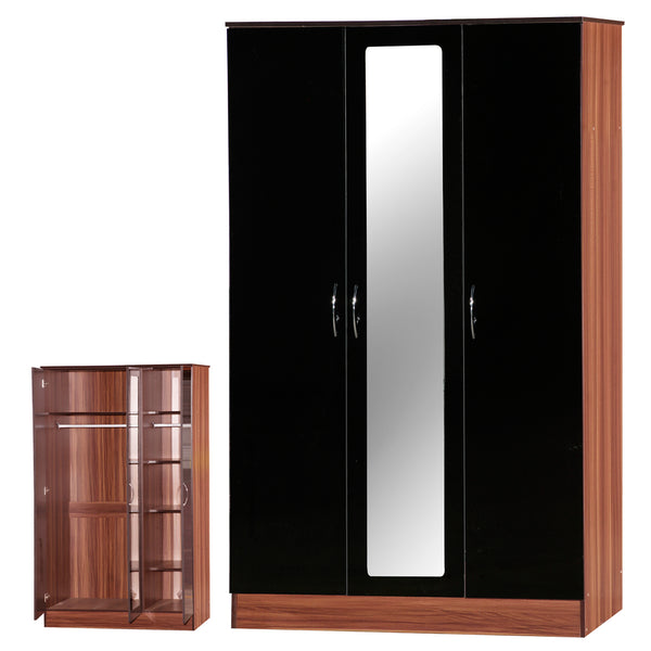 Alpha Black High Gloss & Walnut Triple 3 Door Mirrored Wardrobe